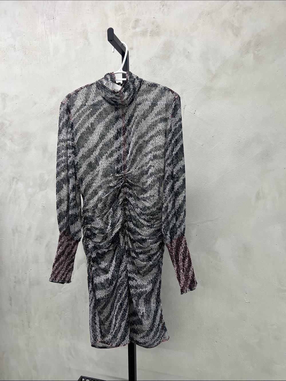 Ruched Long-Sleeve Zebra Print Dress in Gray and Black